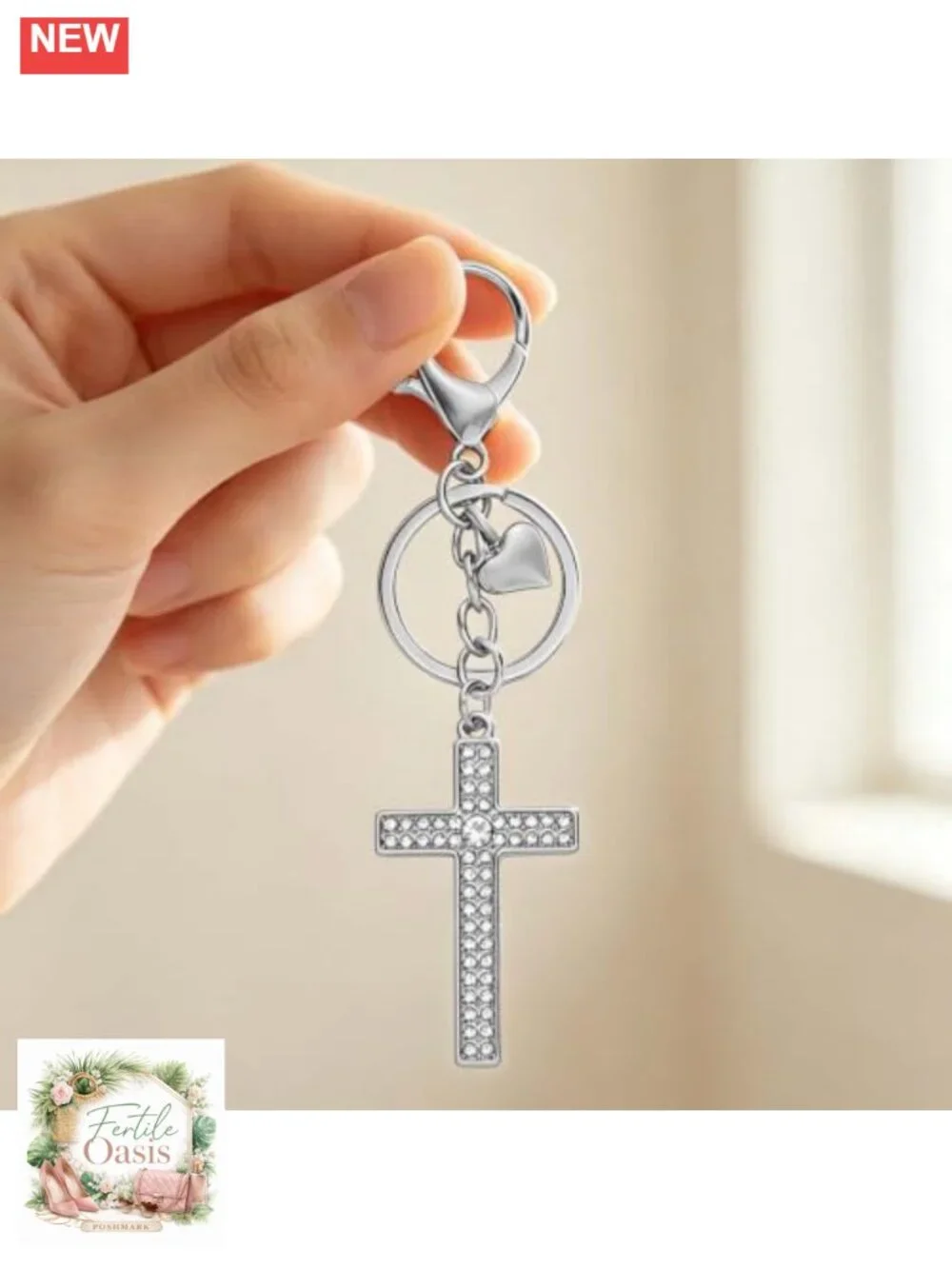 Gold Plated Cross Keychain with Heart Charm Bag Charm Purse Accessories for